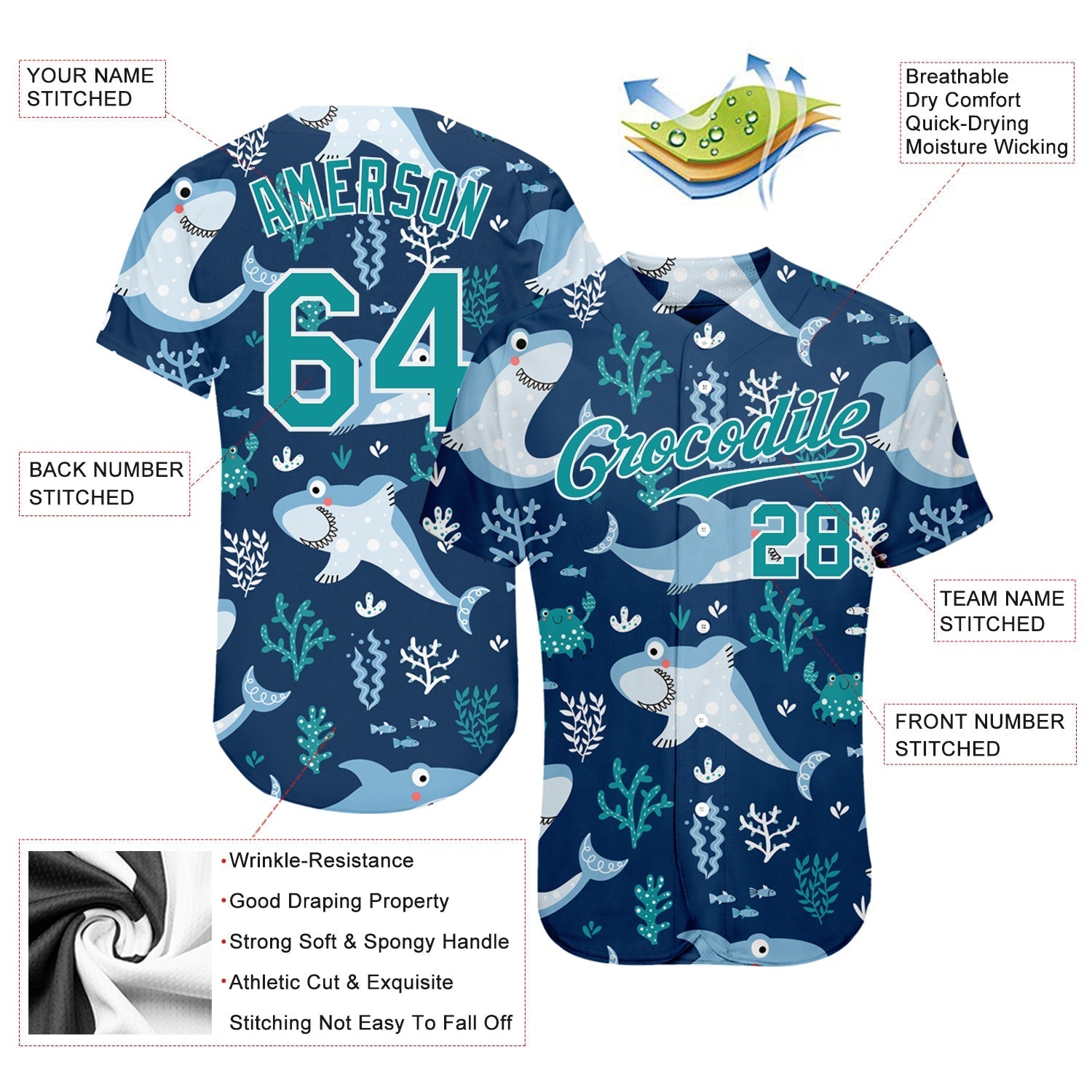 Custom Teal Teal-White 3D Pattern Design Sharks Authentic Baseball Jersey baseball jersey product view 3