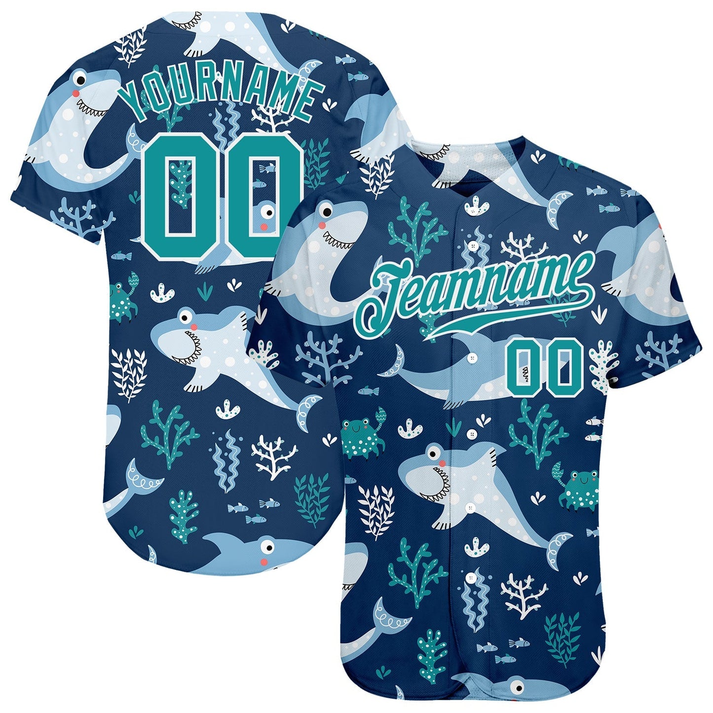Custom Teal Teal-White 3D Pattern Design Sharks Authentic Baseball Jersey baseball jersey product view 1