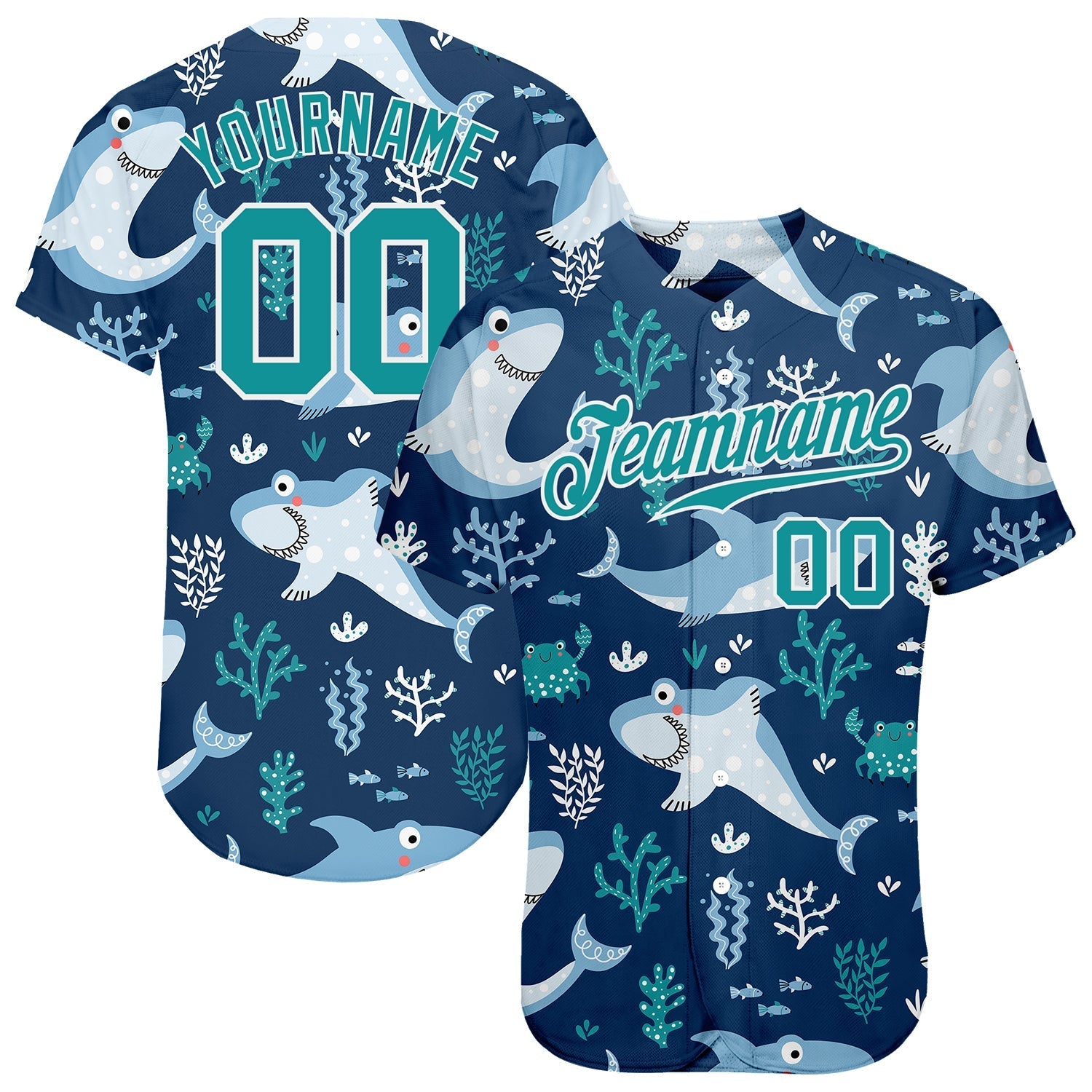 Custom Teal Teal-White 3D Pattern Design Sharks Authentic Baseball Jersey baseball jersey product view 1