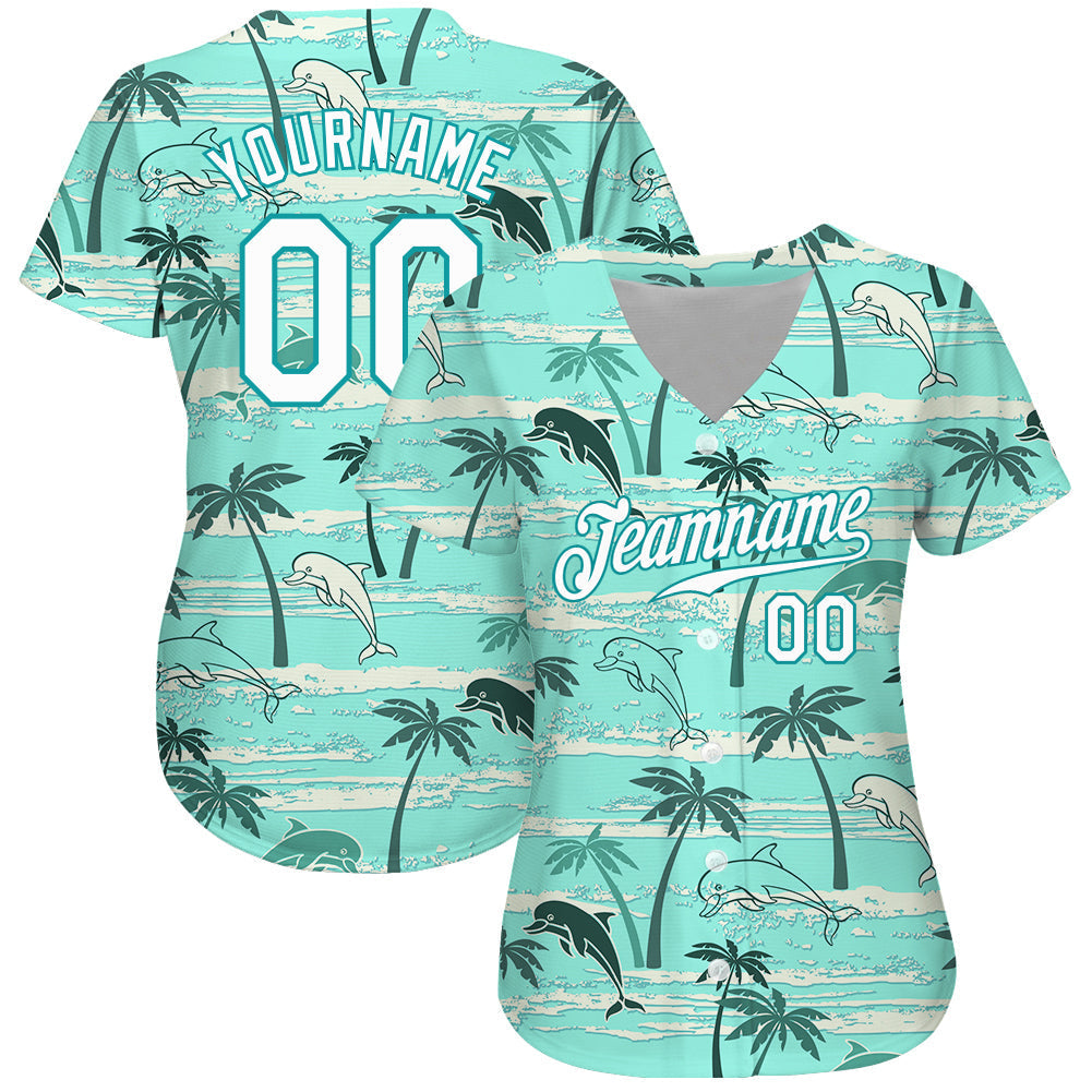 Custom Teal White-Teal 3D Pattern Design Hawaii Palm Trees Authentic Baseball Jersey baseball jersey product view 2