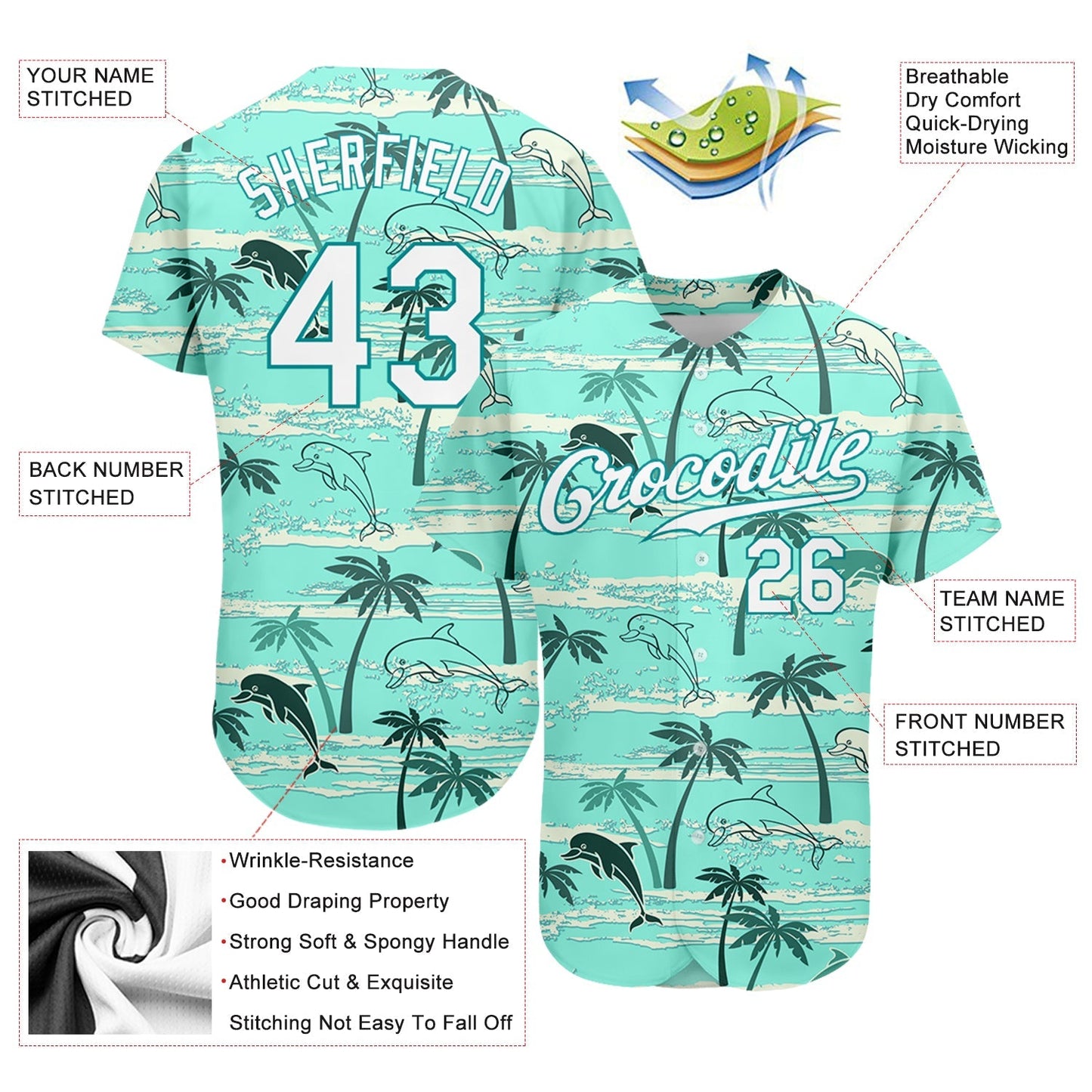 Custom Teal White-Teal 3D Pattern Design Hawaii Palm Trees Authentic Baseball Jersey baseball jersey product view 3