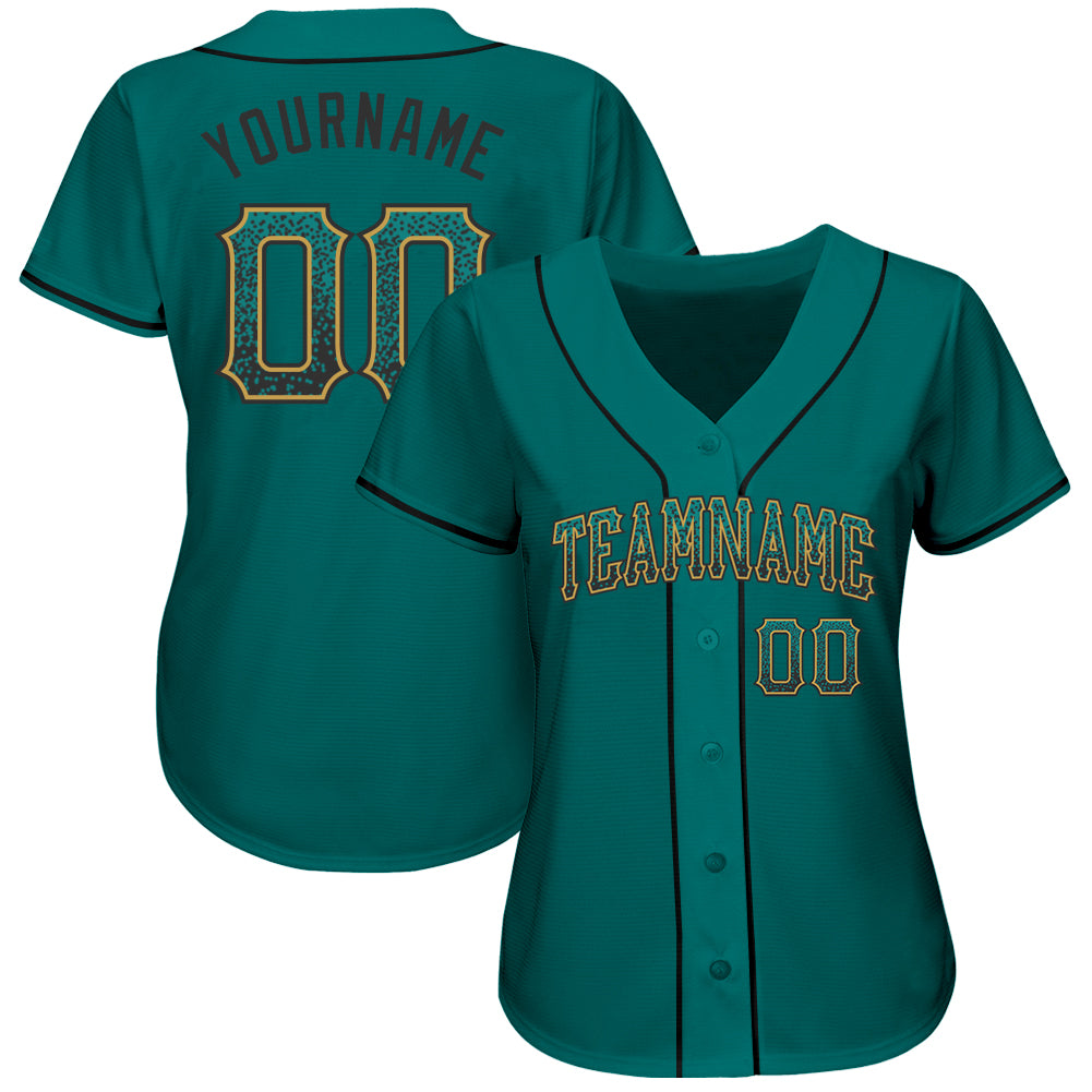 Custom Teal Black-Old Gold Authentic Drift Fashion Baseball Jersey baseball jersey product view 2