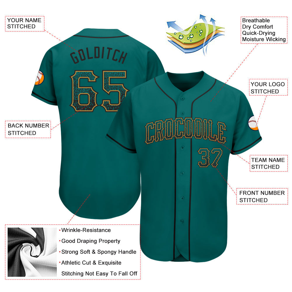 Custom Teal Black-Old Gold Authentic Drift Fashion Baseball Jersey baseball jersey product view 3
