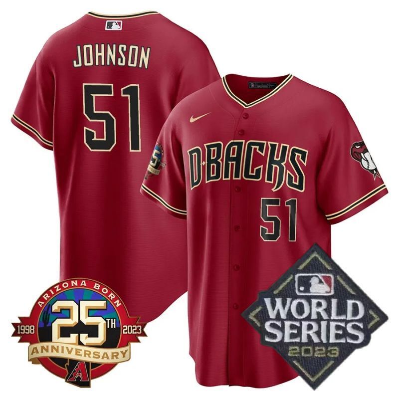 arizona diamondbacks #51 randy johnson 25th anniversary patch cool base collection jersey – red baseball jersey product view 1