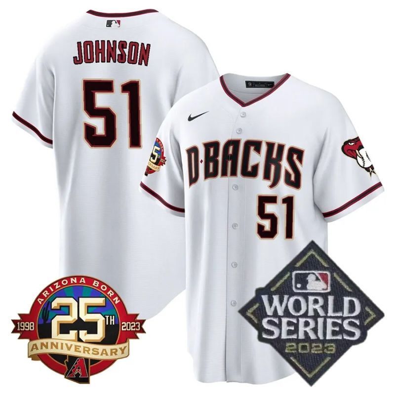 arizona diamondbacks #51 randy johnson 25th anniversary patch cool base collection jersey – white baseball jersey product view 1