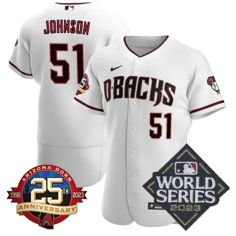 arizona diamondbacks #51 randy johnson 25th anniversary patch flex base collection jersey white baseball jersey product view 1
