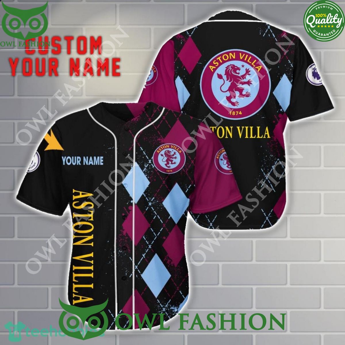 Aston Villa F.C Custom Name EFL Cup 3D Baseball Jersey Shirt baseball jersey product view 1