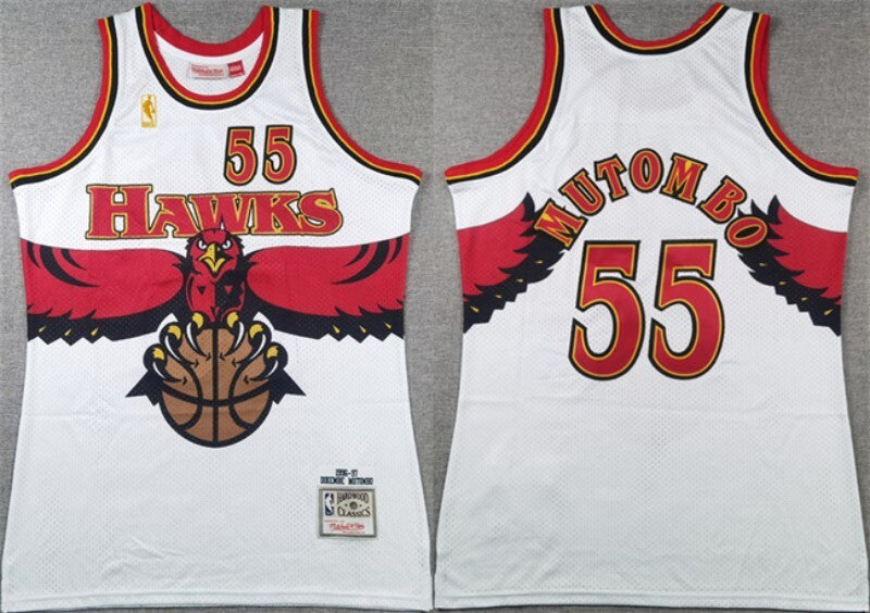 atlanta hawks #55 dikembe mutombo white 1996-97 throwback swingman Basketball Jersey basketball jersey product view 1