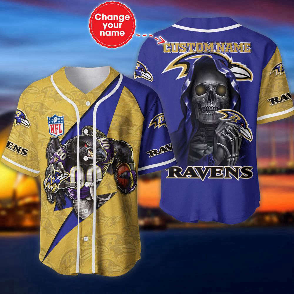 Baltimore Ravens Baseball Jersey Shirt Skull Custom Name, Gift For Men Women - Aopprinter baseball jersey product view 2