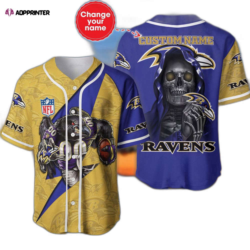 Baltimore Ravens Baseball Jersey Shirt Skull Custom Name, Gift For Men Women - Aopprinter baseball jersey product view 1