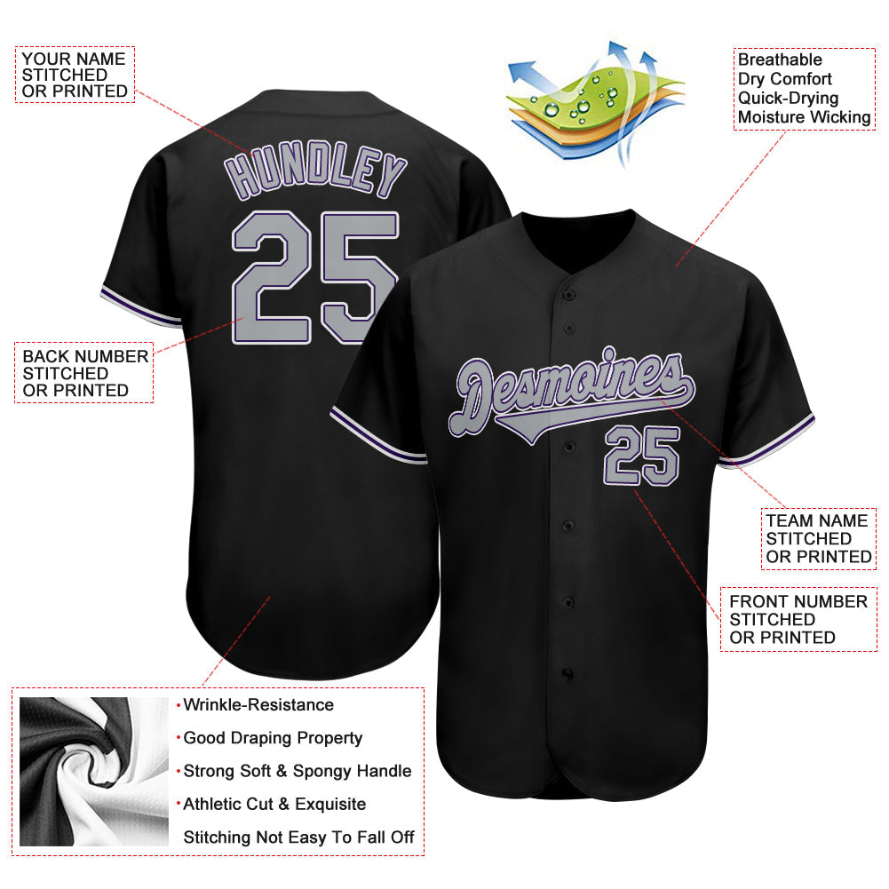 Custom Black Gray-Purple Authentic Baseball Jersey baseball jersey product view 3