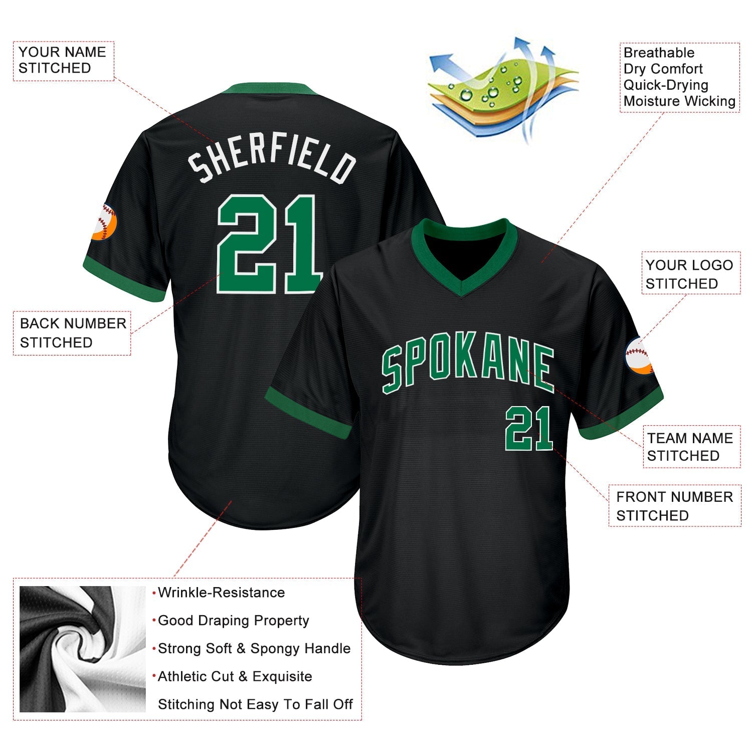 Custom Black Kelly Green-White Authentic Throwback Rib-Knit Baseball Jersey Shirt baseball jersey product view 4