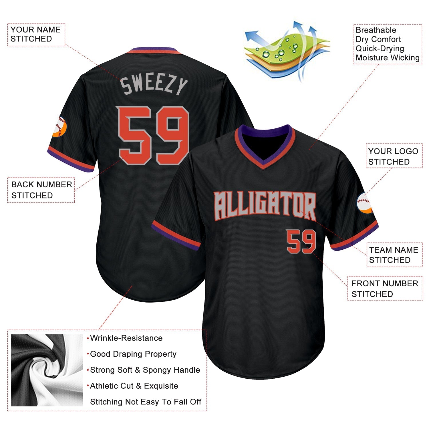 Custom Black Orange-Gray Authentic Throwback Rib-Knit Baseball Jersey Shirt baseball jersey product view 4