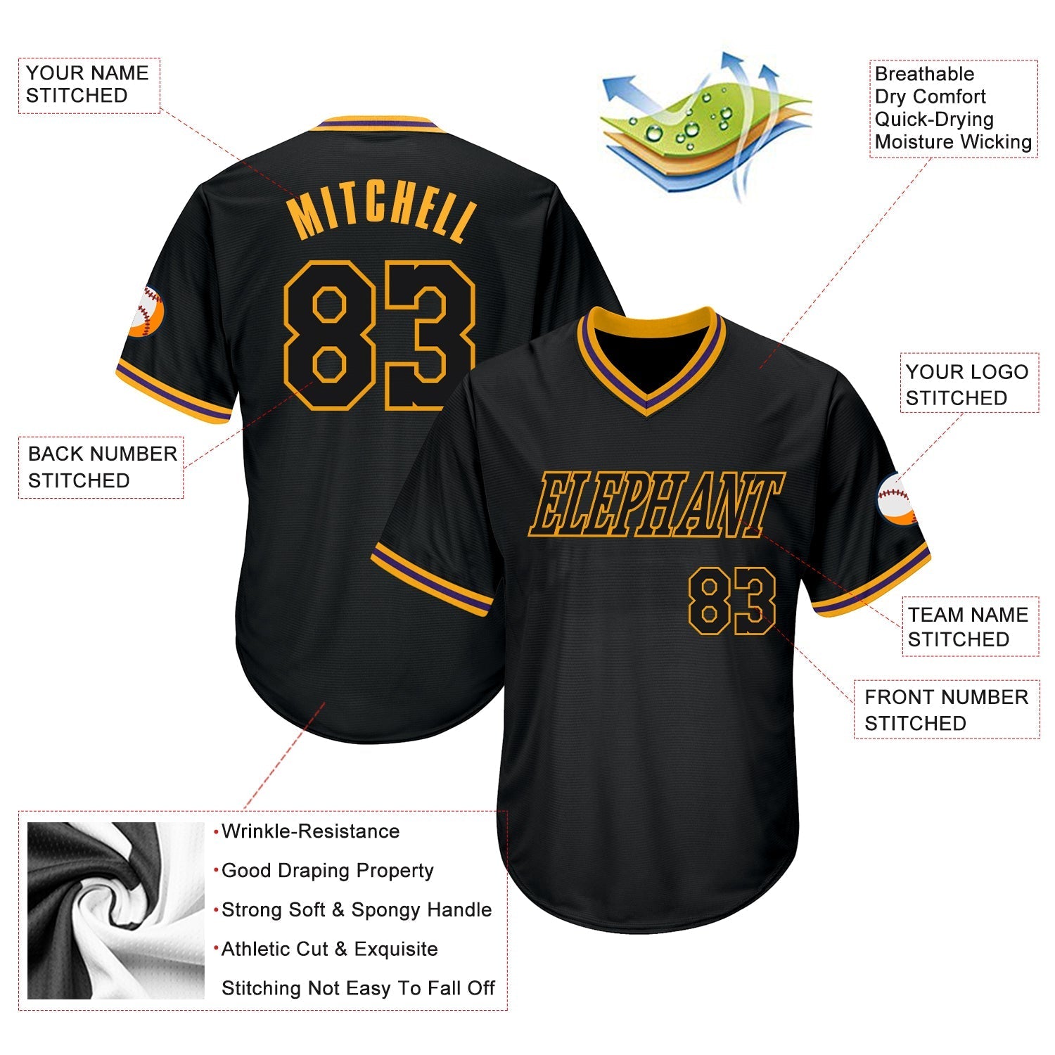 Custom Black Black-Gold Authentic Throwback Rib-Knit Baseball Jersey Shirt baseball jersey product view 4