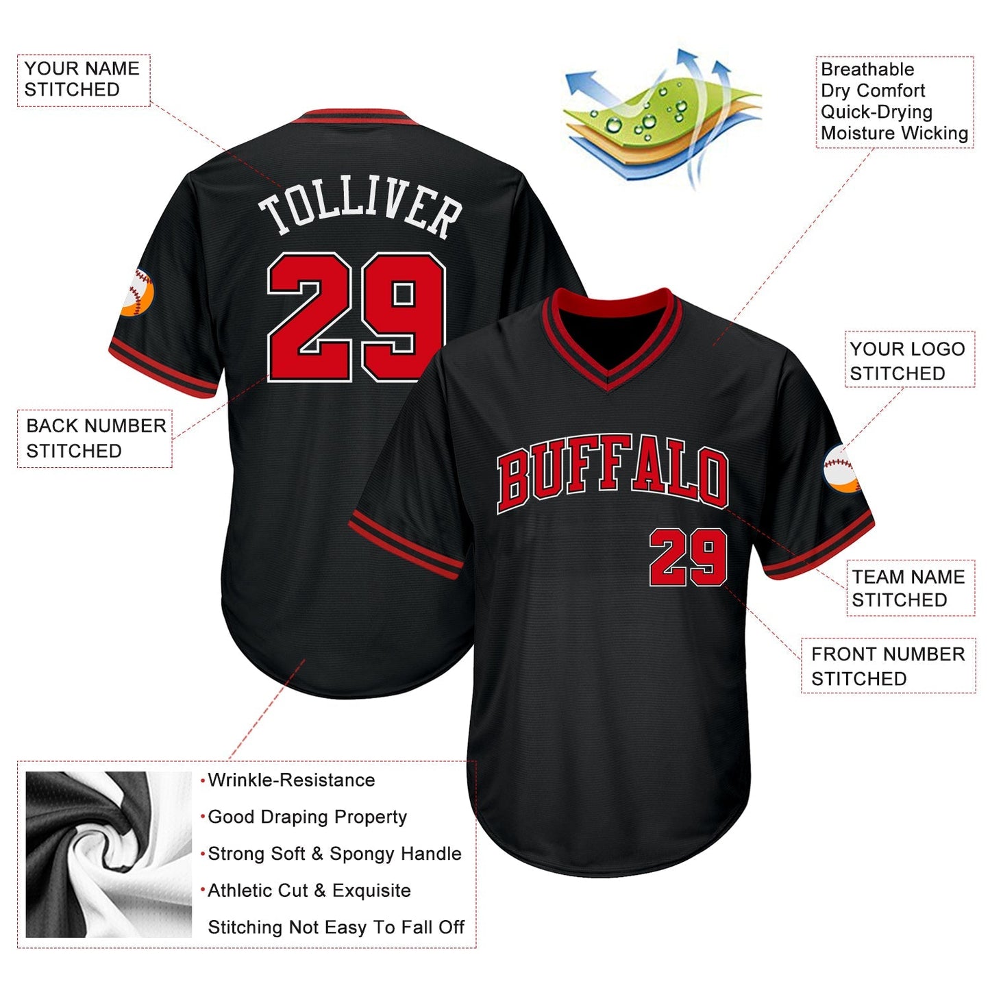Custom Black Red-White Authentic Throwback Rib-Knit Baseball Jersey Shirt baseball jersey product view 5