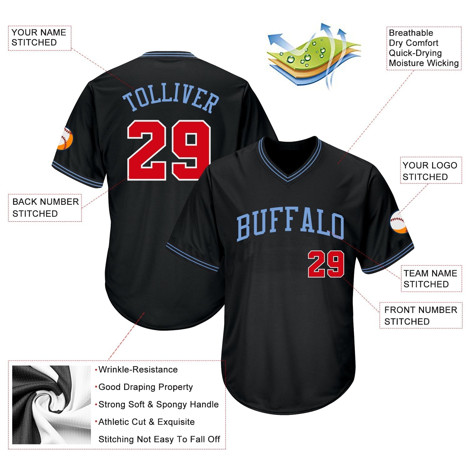 Custom Black Red-Light Blue Authentic Throwback Rib-Knit Baseball Jersey Shirt baseball jersey product view 4