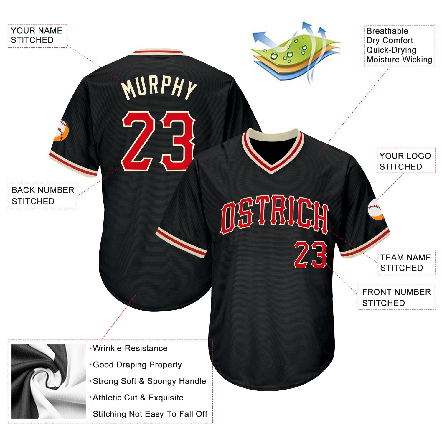 Custom Black Red-Cream Authentic Throwback Rib-Knit Baseball Jersey Shirt baseball jersey product view 4
