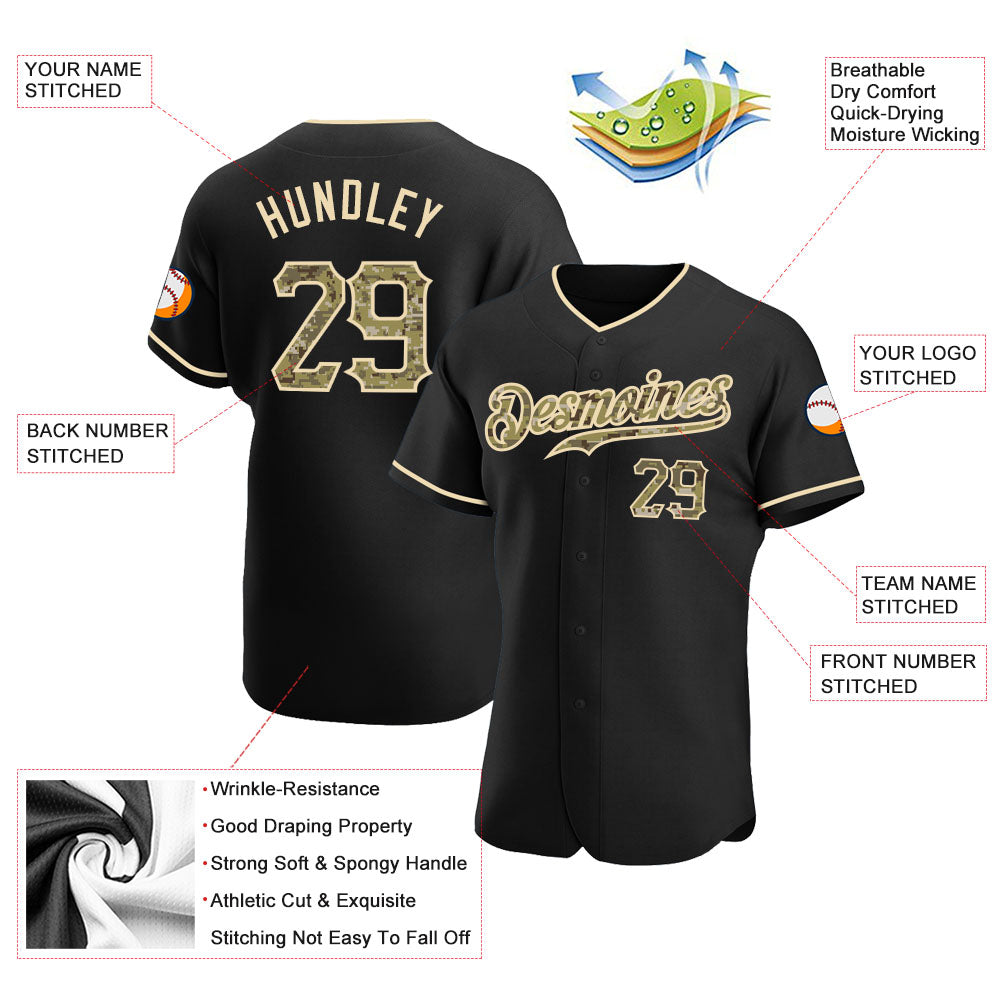 Custom Black Camo-City Cream Authentic Baseball Jersey baseball jersey product view 3