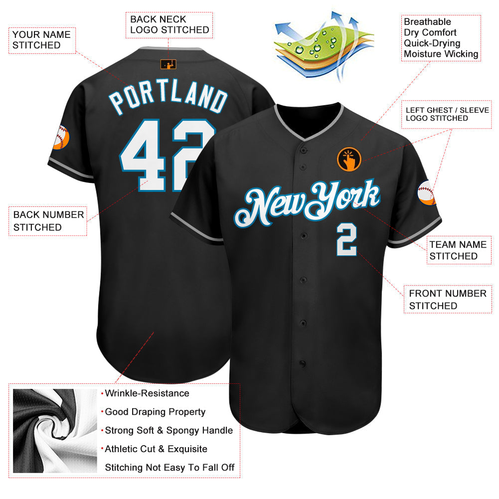 Custom Black White-Panther Blue Authentic Baseball Jersey baseball jersey product view 3
