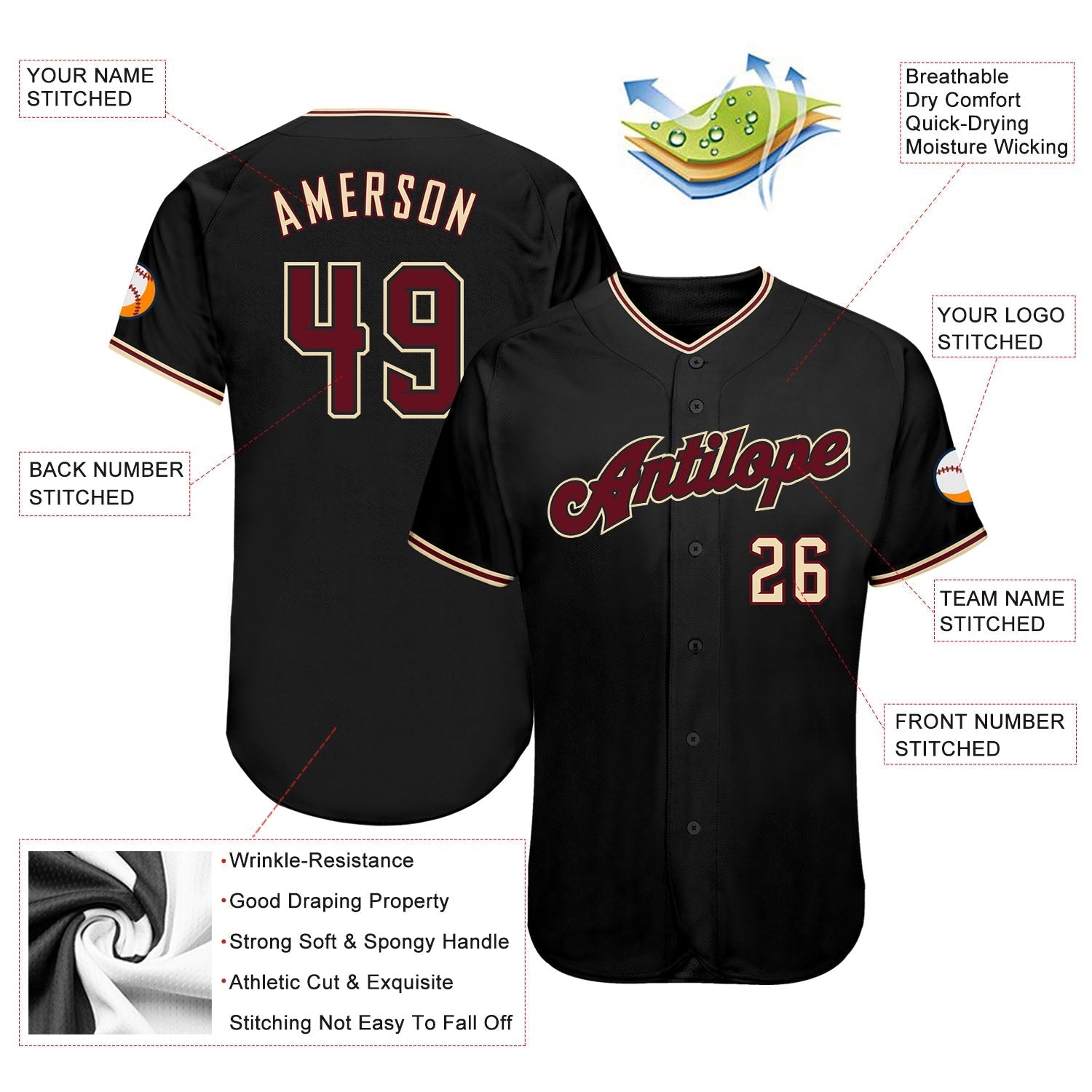 Custom Black Crimson-City Cream Authentic Baseball Jersey baseball jersey product view 3