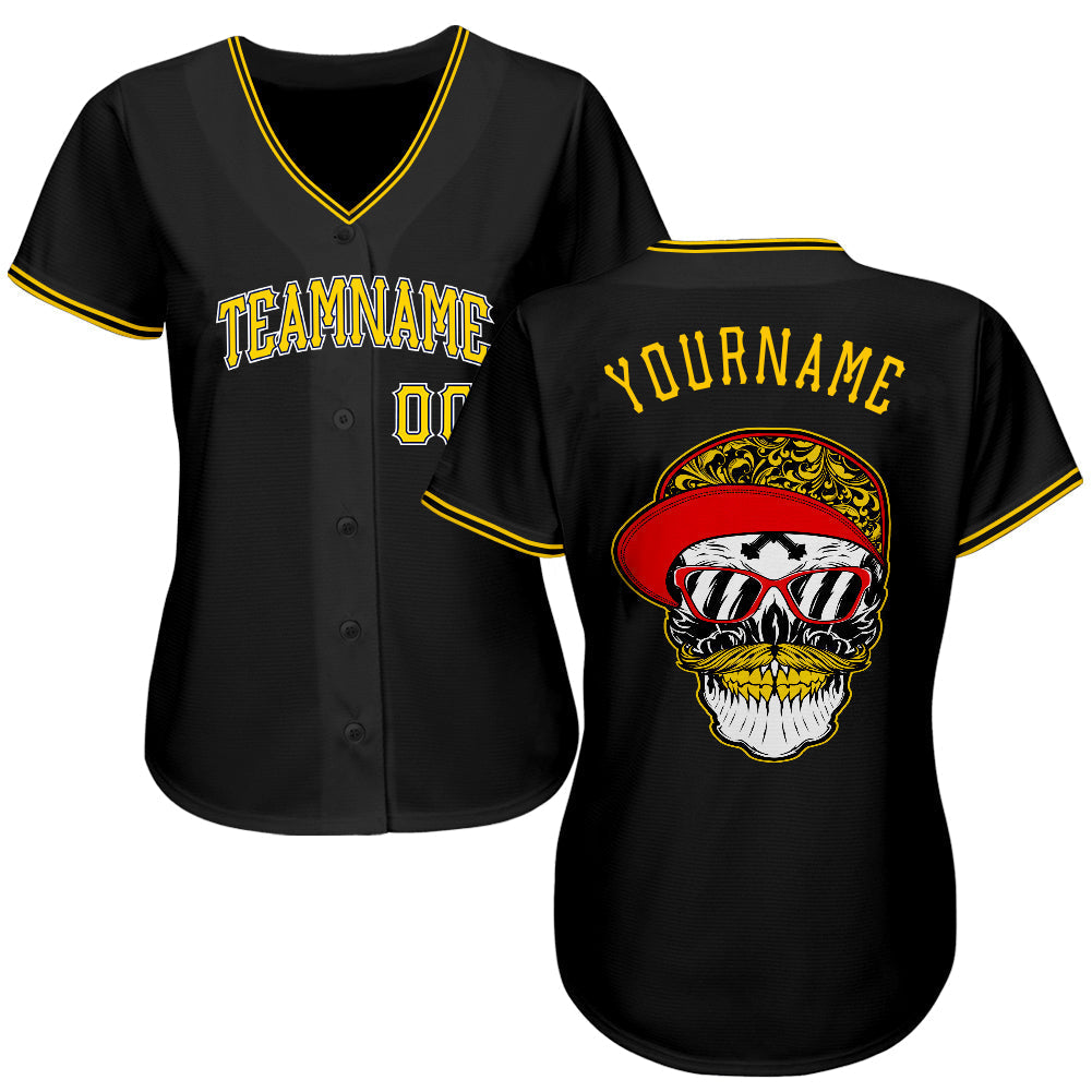 Custom Black Gold-White Authentic Skull Fashion Baseball Jersey baseball jersey product view 2