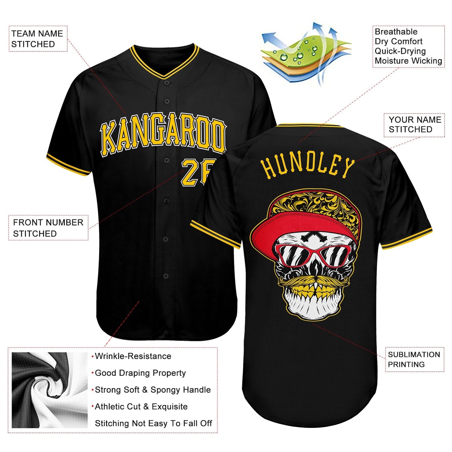 Custom Black Gold-White Authentic Skull Fashion Baseball Jersey baseball jersey product view 3
