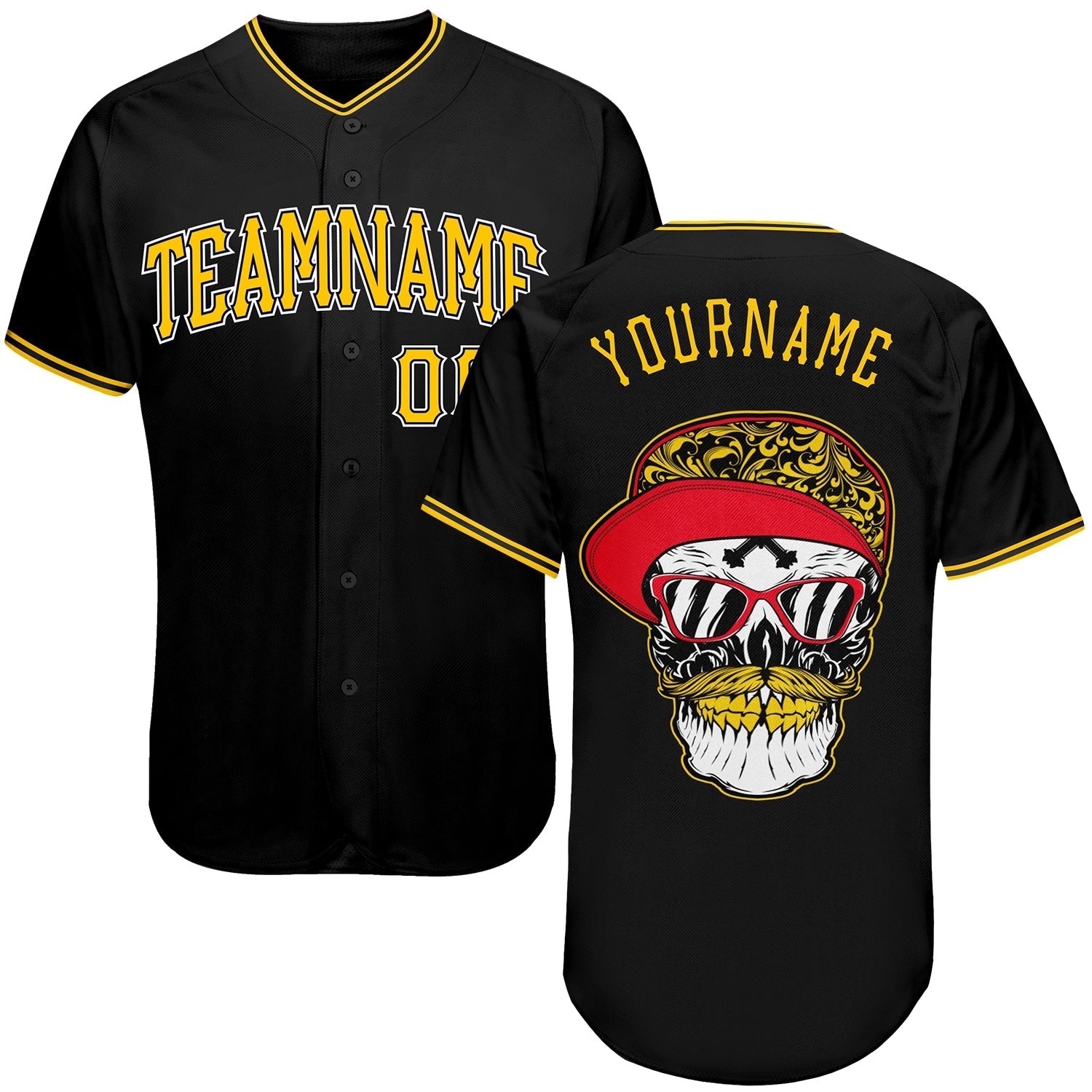 Custom Black Gold-White Authentic Skull Fashion Baseball Jersey baseball jersey product view 1