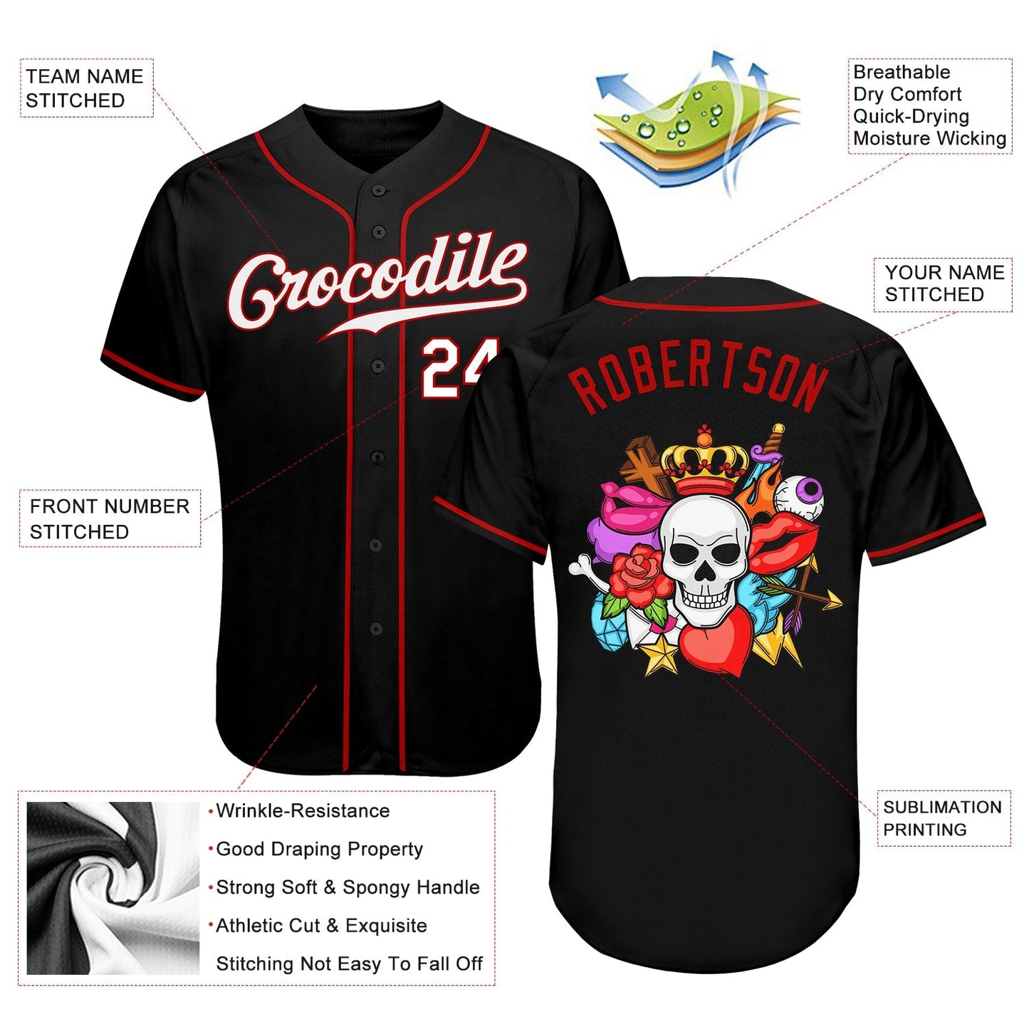 Custom Black White-Red Authentic Skull Fashion Baseball Jersey baseball jersey product view 3