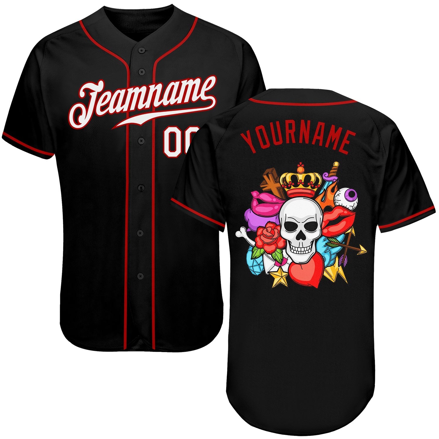 Custom Black White-Red Authentic Skull Fashion Baseball Jersey baseball jersey product view 1