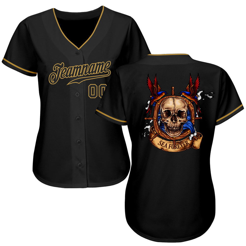 Custom Black Black-Old Gold Authentic Skull Fashion Baseball Jersey baseball jersey product view 2
