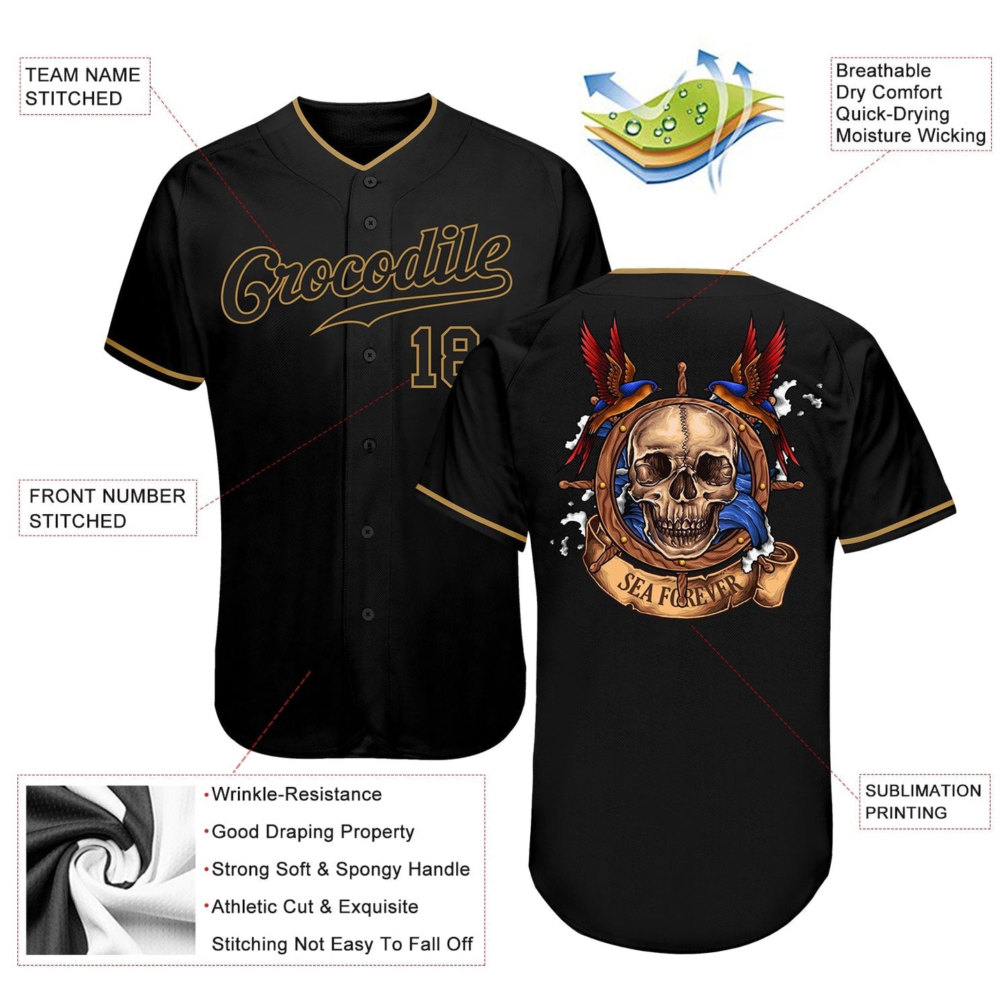Custom Black Black-Old Gold Authentic Skull Fashion Baseball Jersey baseball jersey product view 3