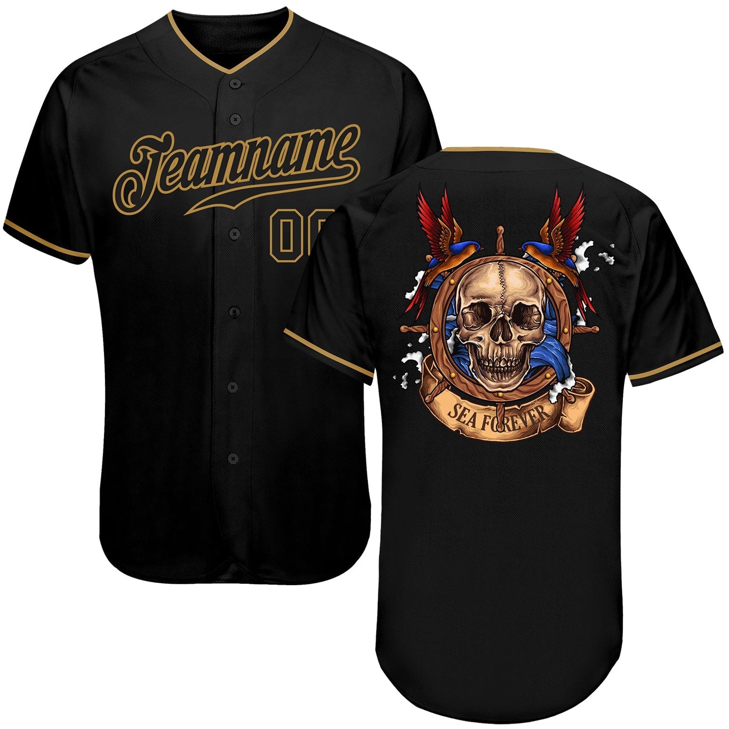 Custom Black Black-Old Gold Authentic Skull Fashion Baseball Jersey baseball jersey product view 1