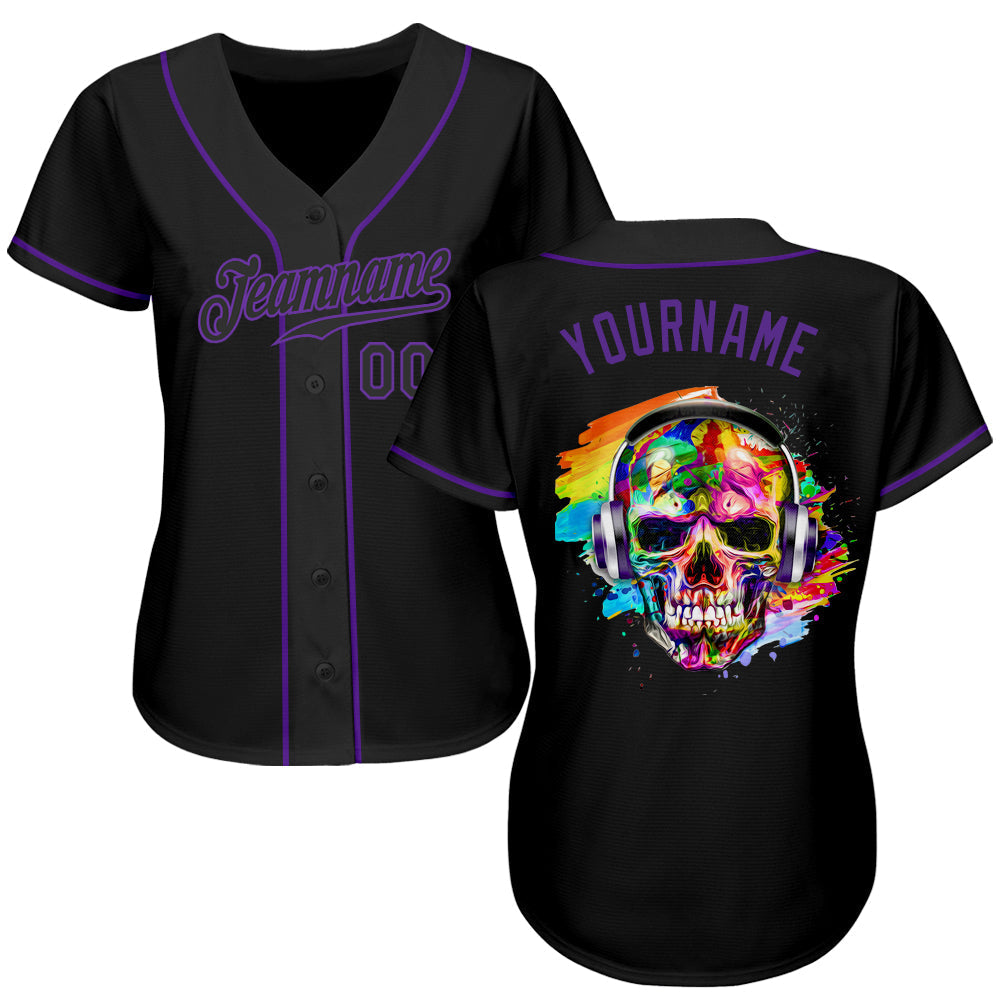 Custom Black Black-Purple Authentic Skull Fashion Baseball Jersey baseball jersey product view 2