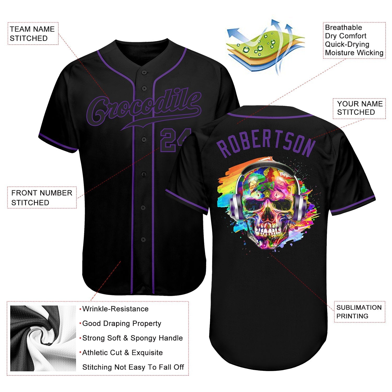 Custom Black Black-Purple Authentic Skull Fashion Baseball Jersey baseball jersey product view 3