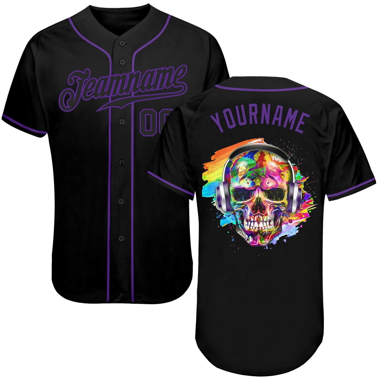 Custom Black Black-Purple Authentic Skull Fashion Baseball Jersey baseball jersey product view 1