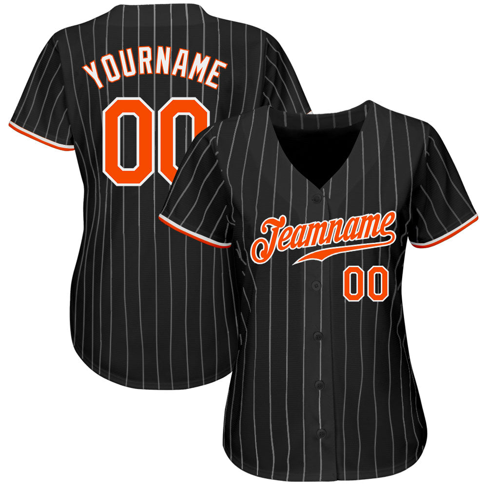 Custom Black White Pinstripe Orange-White Authentic Baseball Jersey baseball jersey product view 2