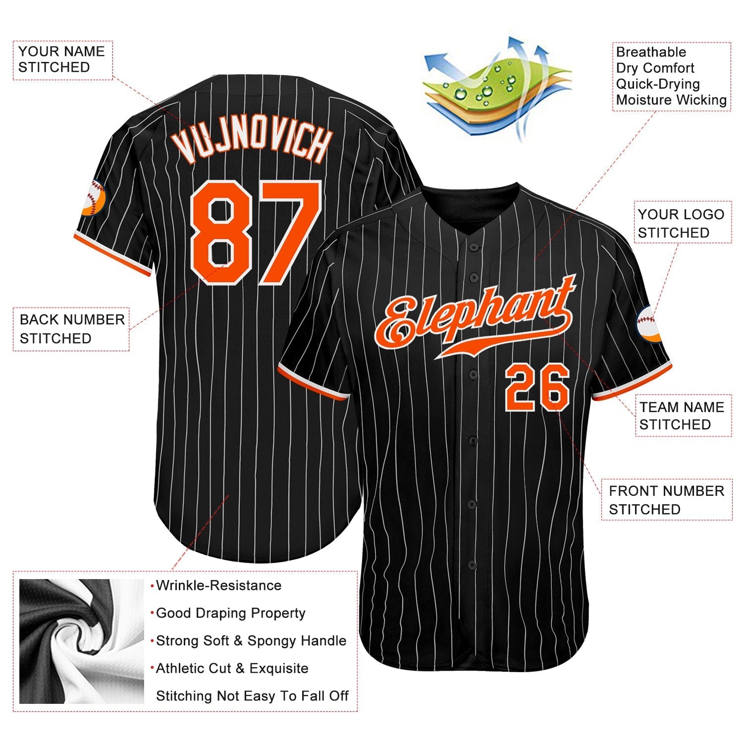 Custom Black White Pinstripe Orange-White Authentic Baseball Jersey baseball jersey product view 3