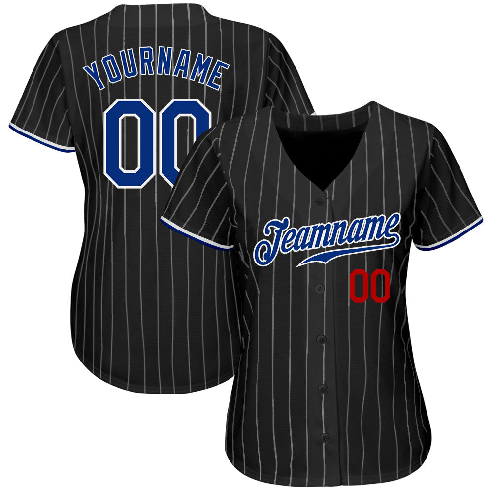 Custom Black White Pinstripe Royal-Red Authentic Baseball Jersey baseball jersey product view 2
