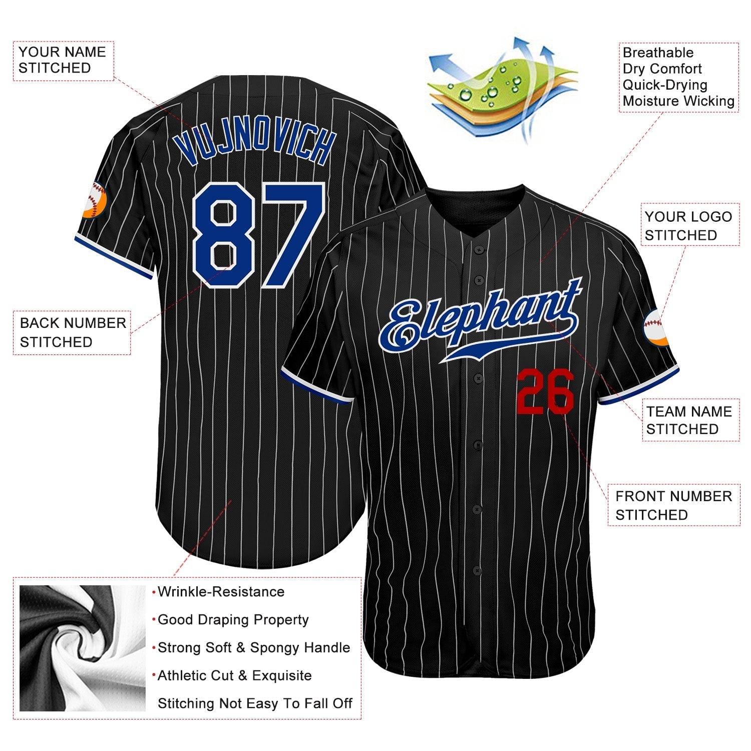 Custom Black White Pinstripe Royal-Red Authentic Baseball Jersey baseball jersey product view 3