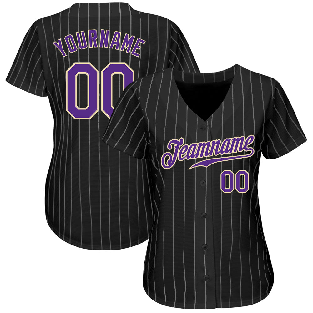 Custom Black White Pinstripe Purple-White Authentic Baseball Jersey baseball jersey product view 2