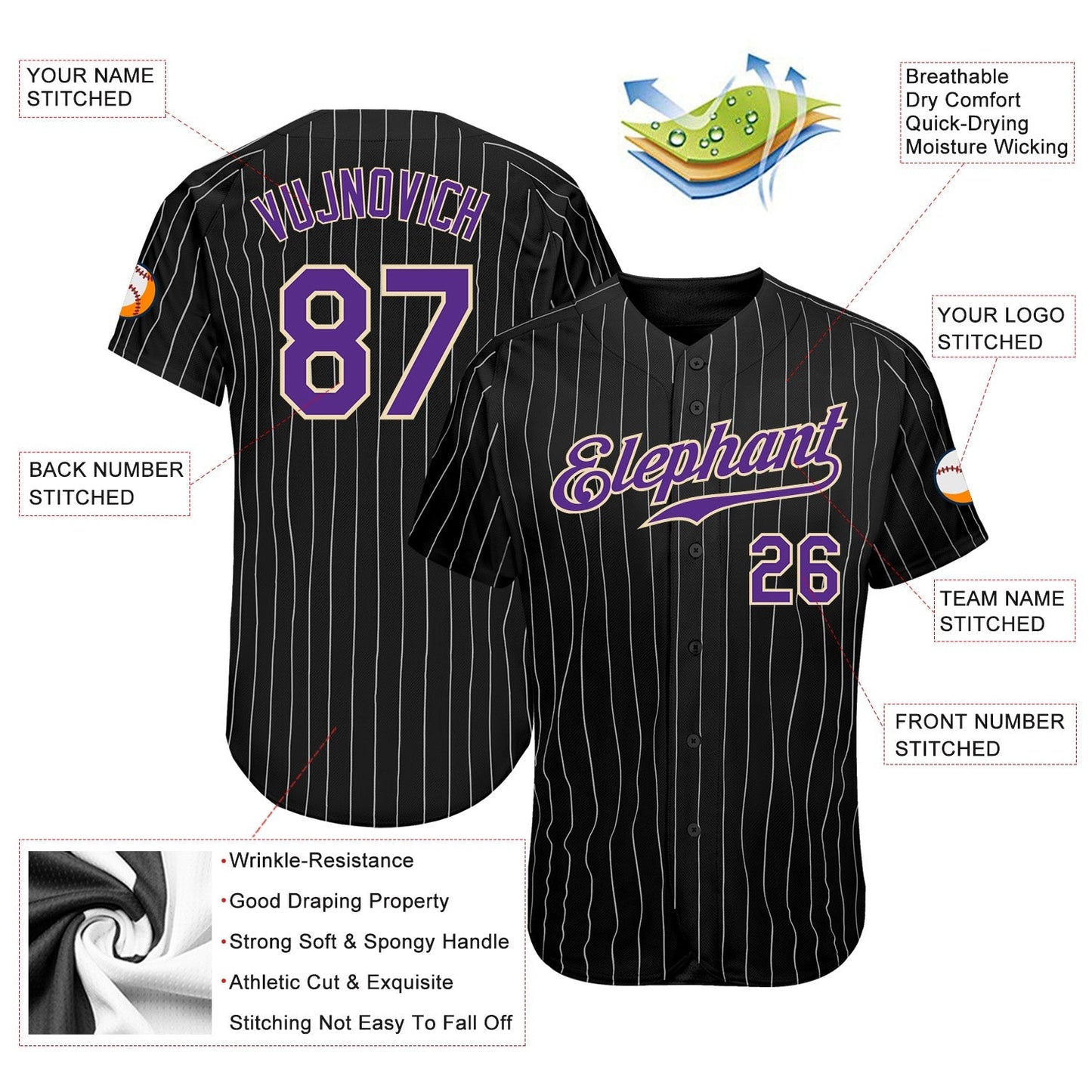 Custom Black White Pinstripe Purple-White Authentic Baseball Jersey baseball jersey product view 3