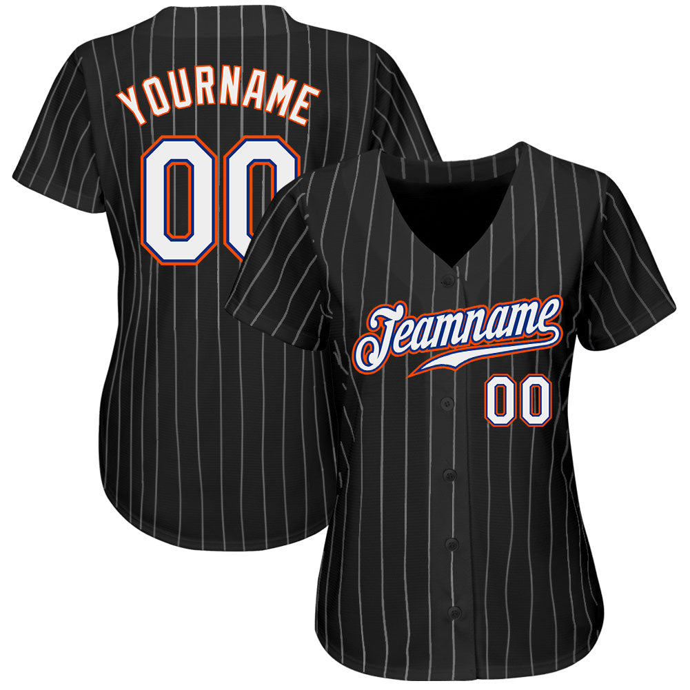 Custom Black White Pinstripe White-Orange Authentic Baseball Jersey baseball jersey product view 2