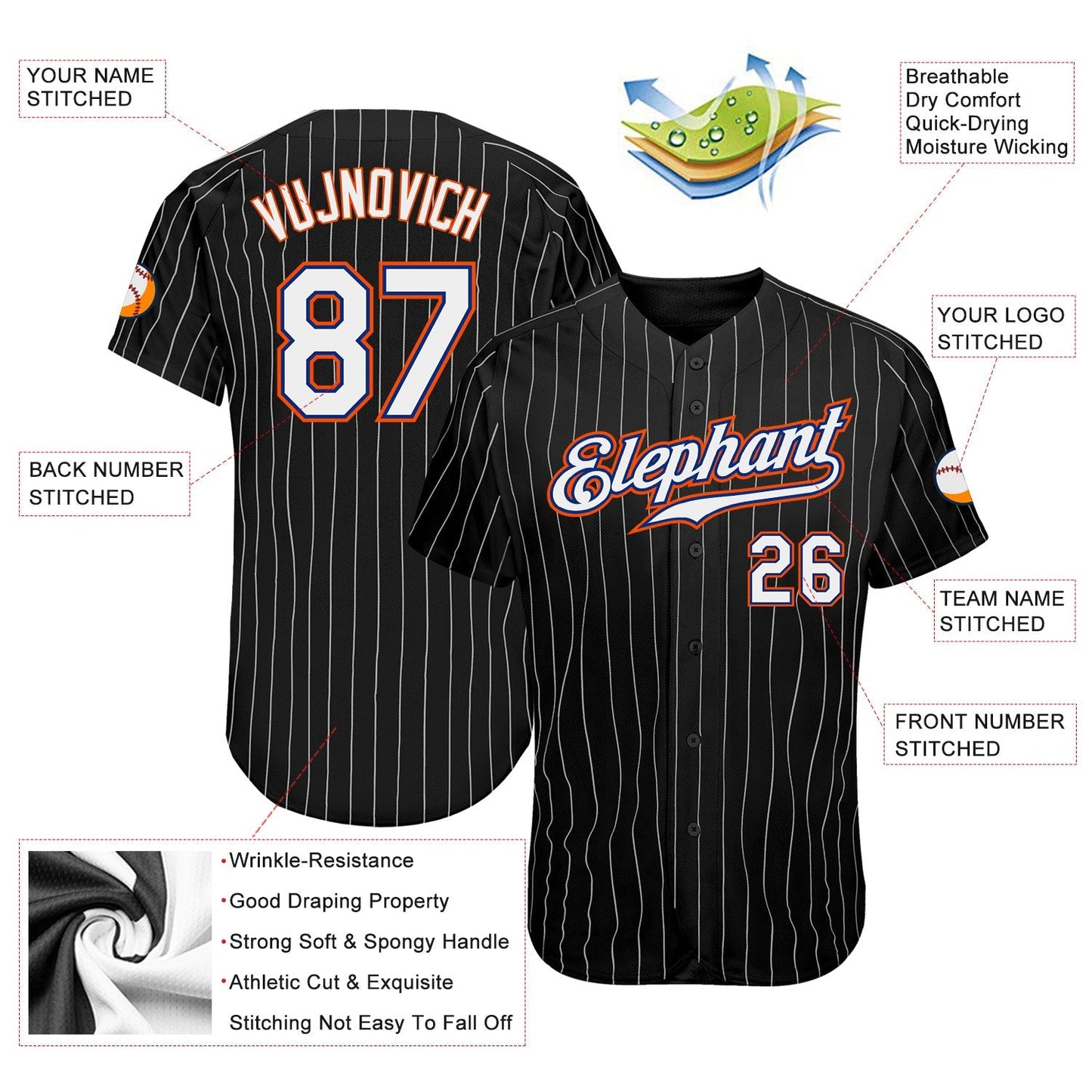Custom Black White Pinstripe White-Orange Authentic Baseball Jersey baseball jersey product view 3