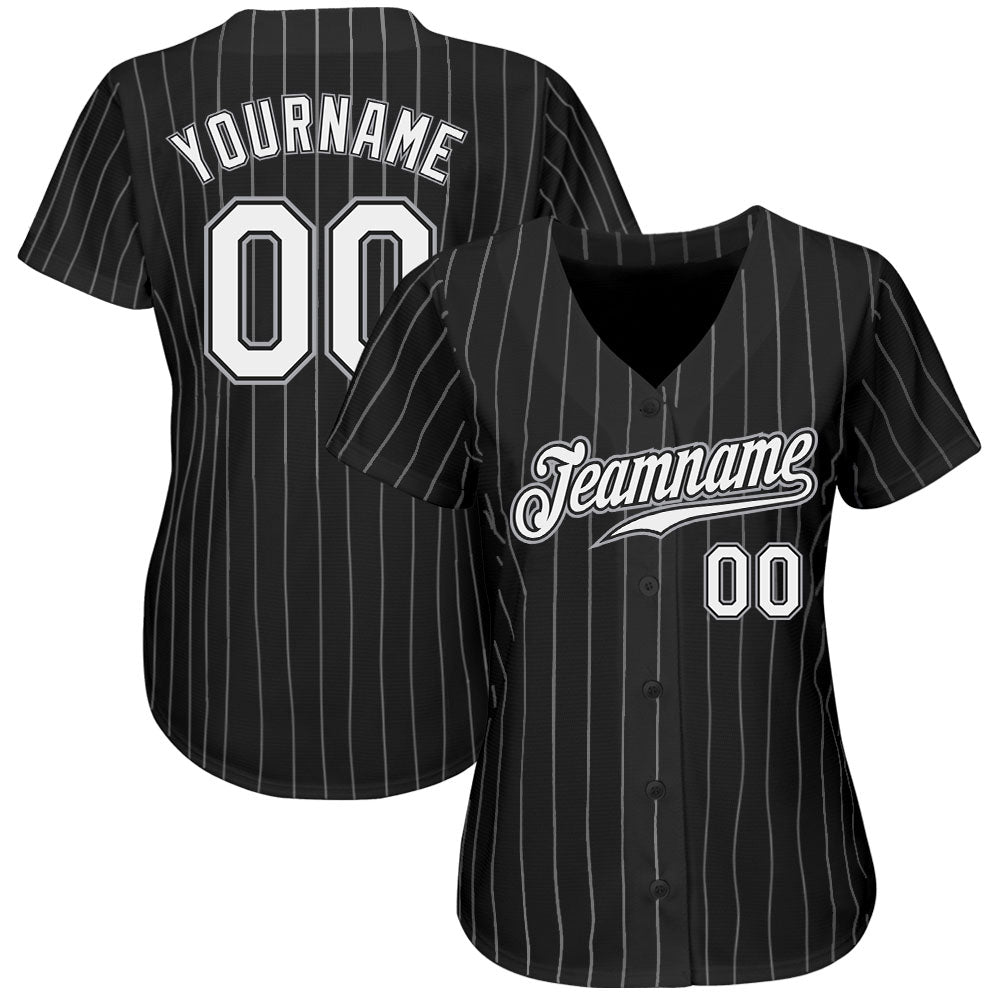 Custom Black White Pinstripe White-Gray Authentic Baseball Jersey baseball jersey product view 2
