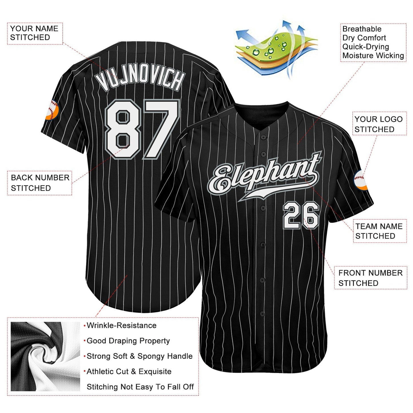 Custom Black White Pinstripe White-Gray Authentic Baseball Jersey baseball jersey product view 3