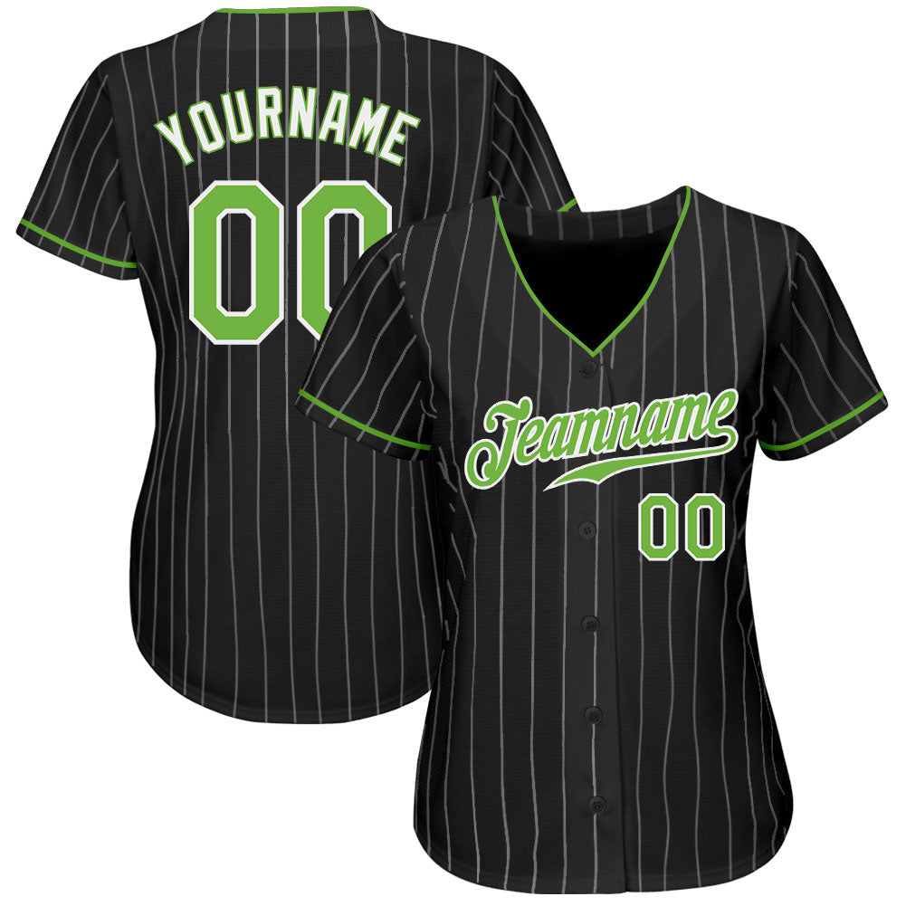 Custom Black White Pinstripe Neon Green-White Authentic Baseball Jersey baseball jersey product view 2