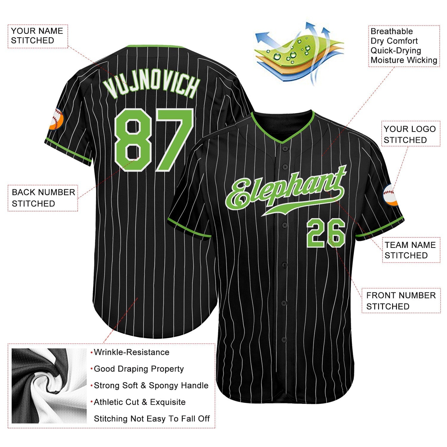 Custom Black White Pinstripe Neon Green-White Authentic Baseball Jersey baseball jersey product view 3
