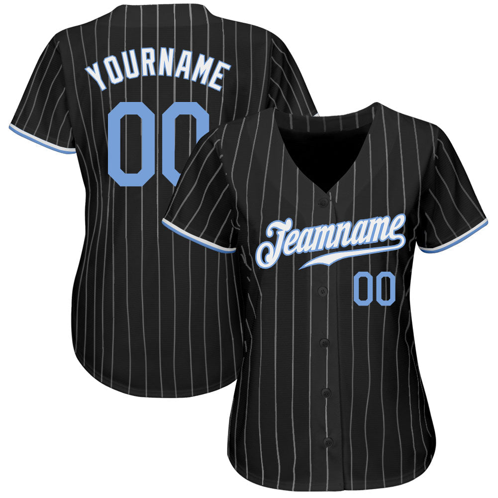 Custom Black White Pinstripe Light Blue-White Authentic Baseball Jersey baseball jersey product view 2