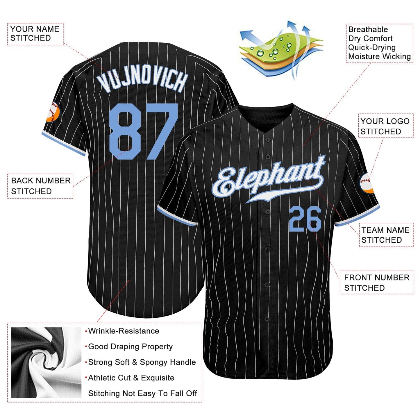 Custom Black White Pinstripe Light Blue-White Authentic Baseball Jersey baseball jersey product view 3