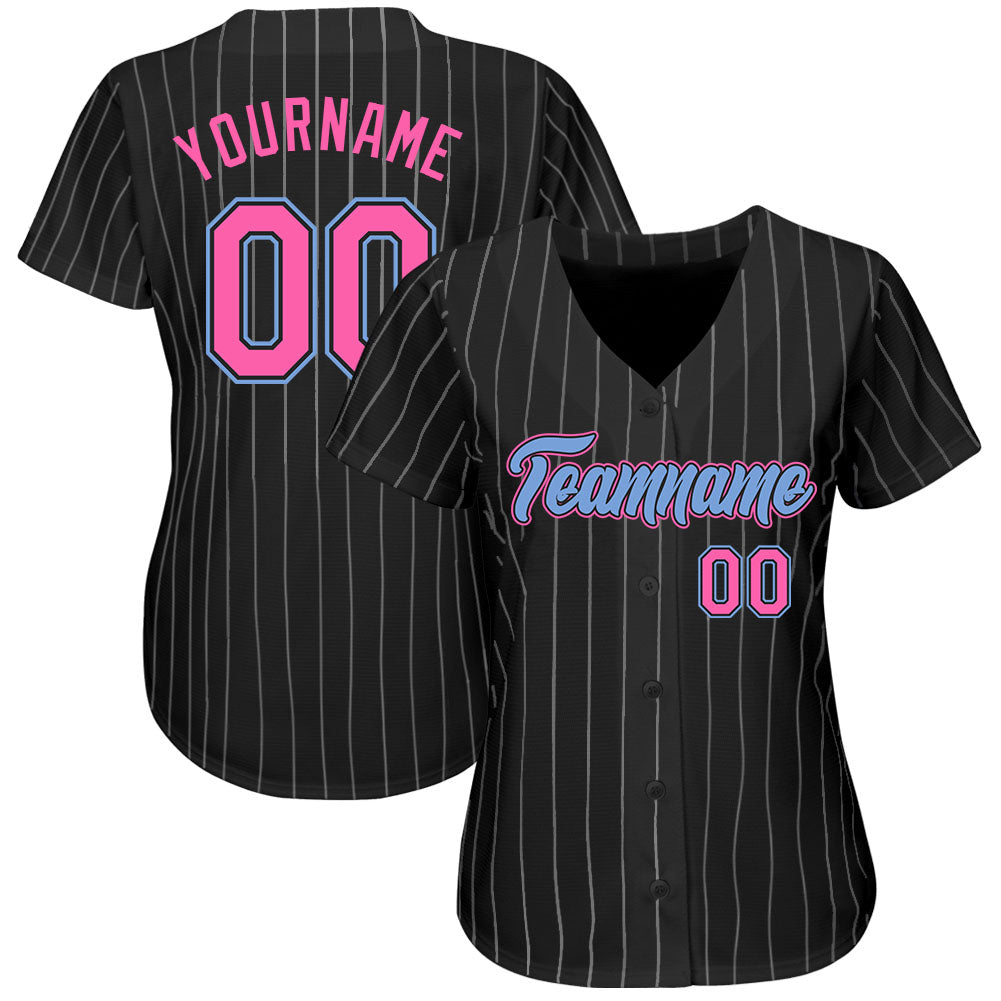 Custom Black White Pinstripe Pink-Light Blue Authentic Baseball Jersey baseball jersey product view 2